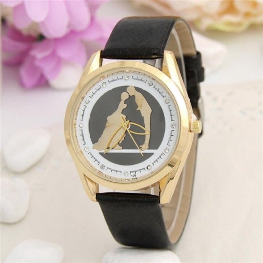 MS Lovers Kiss Pola Wanita Kulit Tali Jam Tangan Olahraga Analogladyquartz Tanggal Pergelangan Tangan Jam Tangan (Hitam)-Internasional