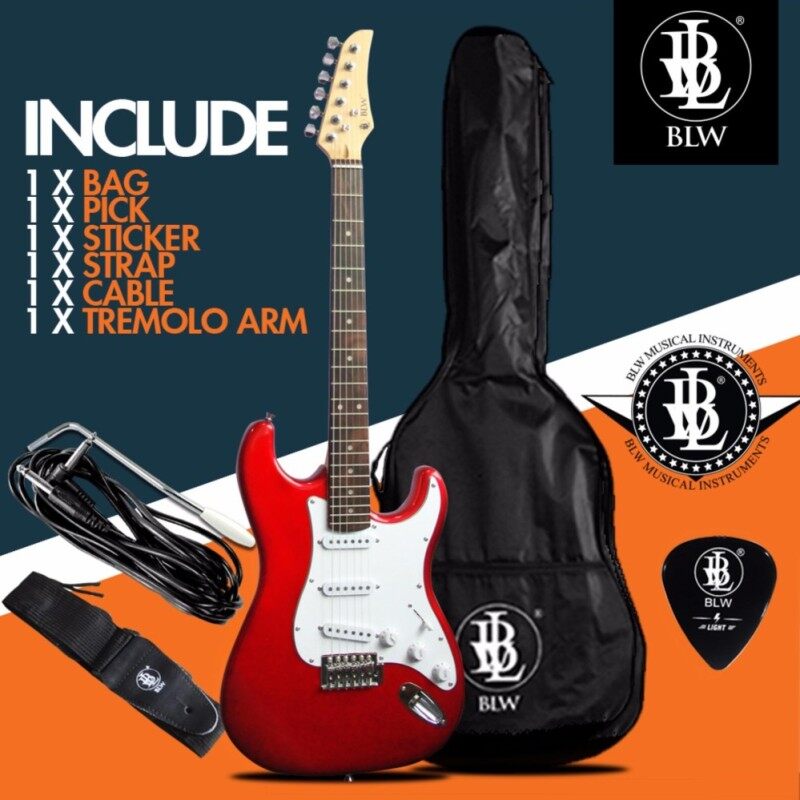 BLW Stratocaster Style Electric Guitar Starter Beginner Pack comes with Bag, Cable, Strap, Pick and Merchandise Sticker (Red) Malaysia