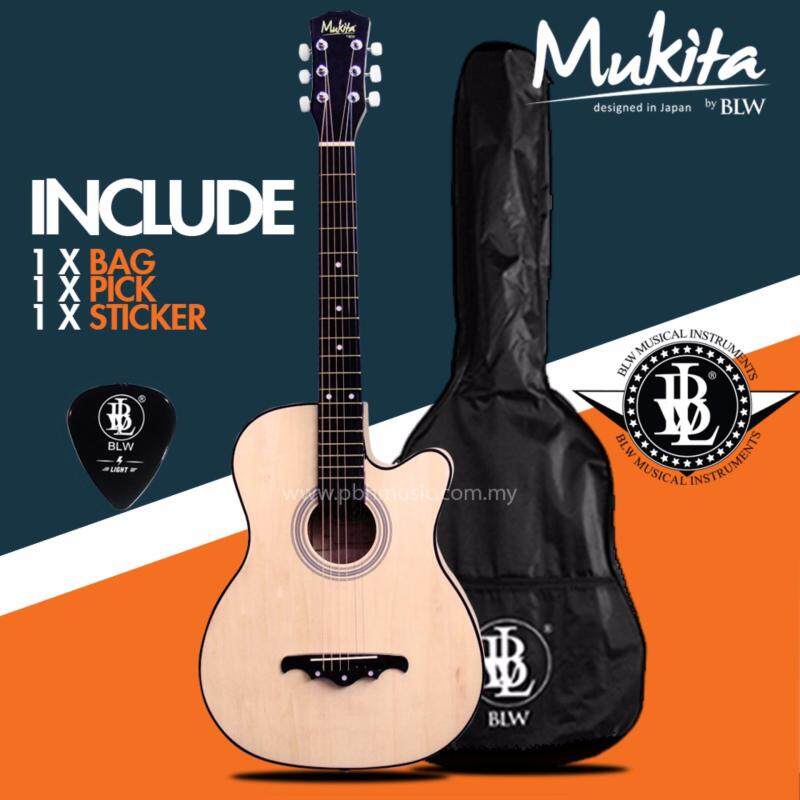 Mukita by BLW Standard Acoustic Folk Cutaway Basic Guitar Package 38 Inch for beginners with Bag, Pick and Merchandise Sticker (Natural) Malaysia