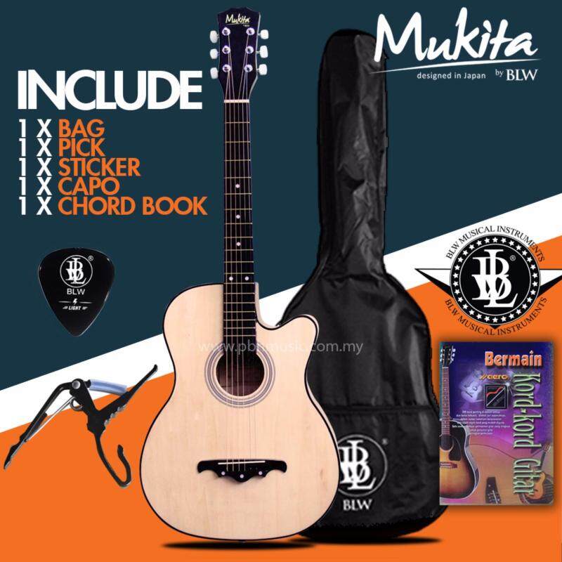 Mukita by BLW Standard Acoustic Folk Cutaway Basic Guitar Package 38 Inch for beginners with Bag, Pick, Capo, Chord Book and Merchandise Sticker (Natural) Malaysia