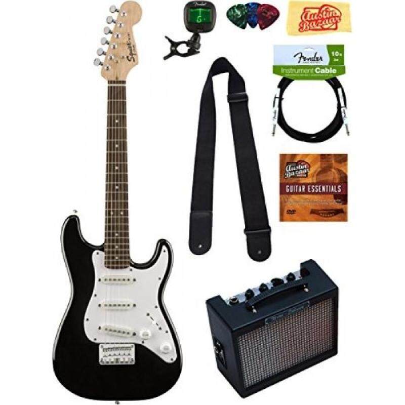 Squier by Fender Mini Strat Electric Guitar Bundle with Amplifier, Cable, Tuner, Strap, Picks, Austin Bazaar Instructional DVD, and Polishing Cloth - Black Malaysia