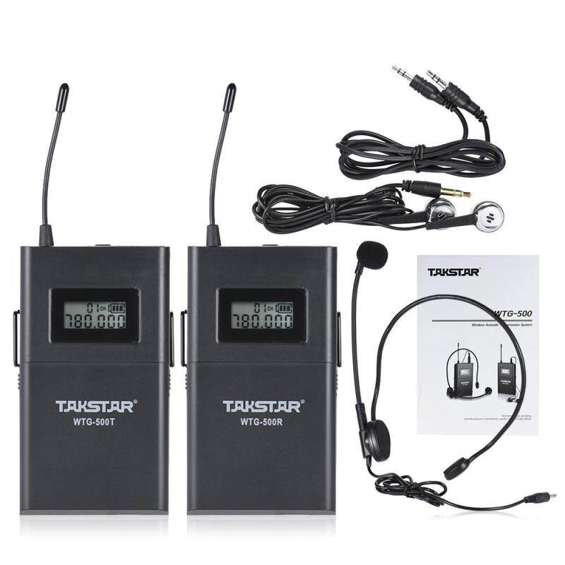 TAKSTAR WTG-500 UHF Wireless Acoustic Transmission System (Transmitter + Receiver) 100m Effective Range 6 Selectable Channels LCD Display with Lavalier Microphone Earphone 3.5mm to 3.5mm Conversion Cable Malaysia