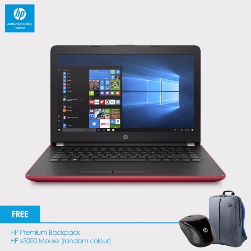 HP 14-bs071TX Laptop (i5-7200U, 4GBD4, 1TB, AMD 520 2GB, 14.0, Win10) - Empress Red + HP Backpack n HP x3000 Wireless Mouse Malaysia