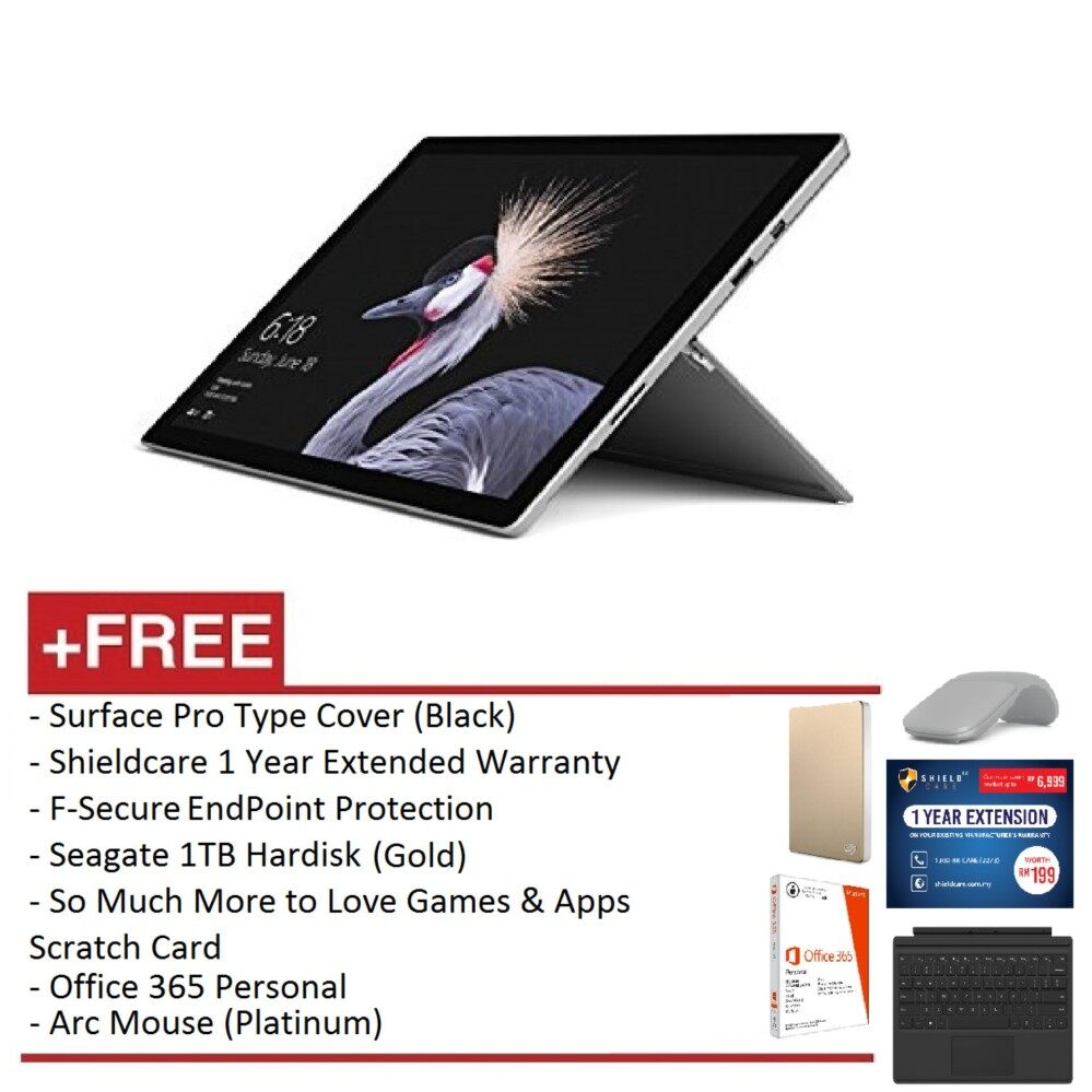 NEW Microsoft Surface Pro - Core i5 8G/256GB Free Surface Pro Type Cover (Black)+Office 365 Personal+Shieldcare 1YR Extended Warranty+F-Secure EndPoint Protection+Arc Mouse(Platinum)+Seagate 1TB HDD(Gold) Malaysia