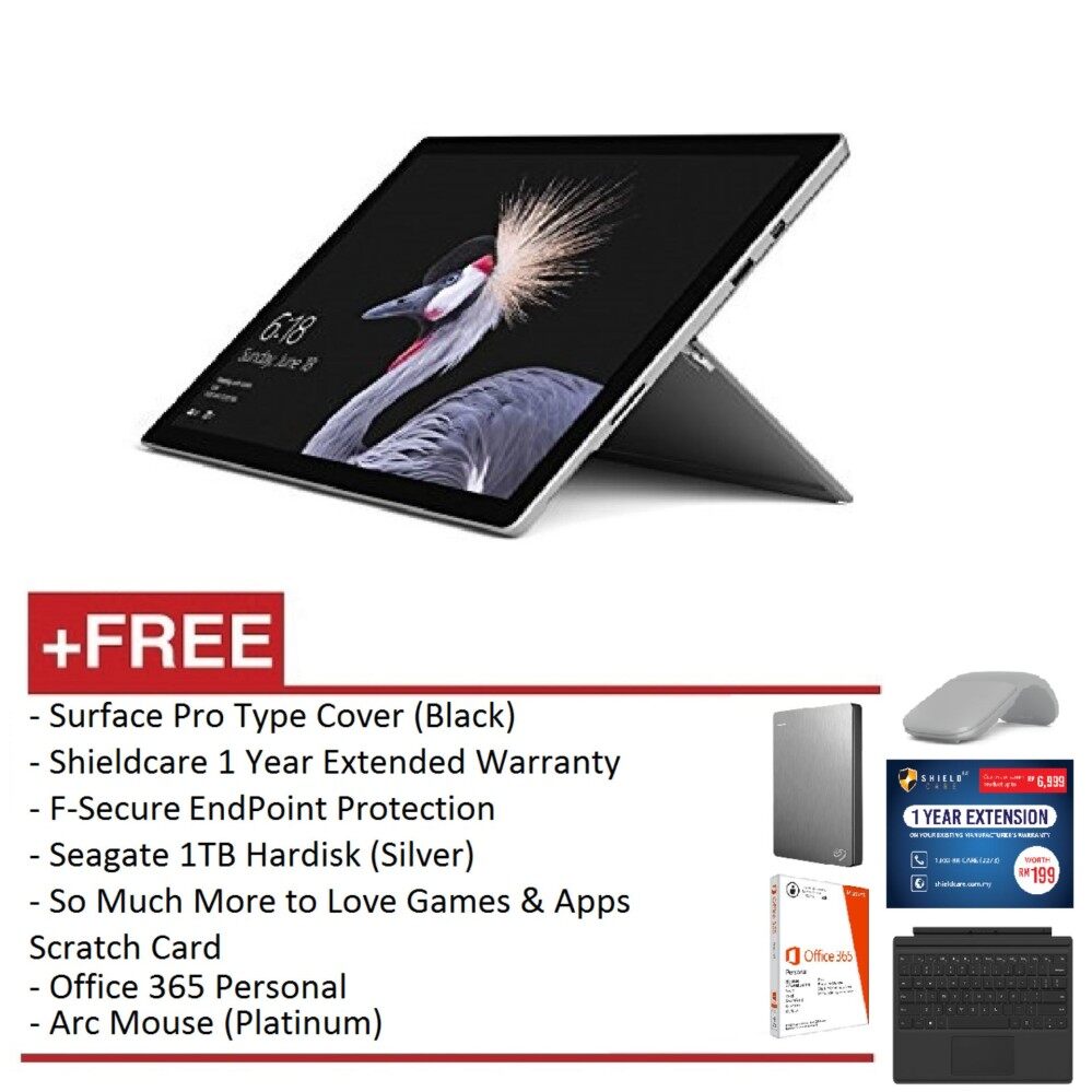 NEW Microsoft Surface Pro - Core i5 8G/256GB Free Surface Pro Type Cover(Black)+Office 365 Personal+Shieldcare 1 YR Extended Warranty+F-Secure EndPoint Protection+Arc Mouse(Platinum)+Seagate 1TB HDD(Silver) Malaysia