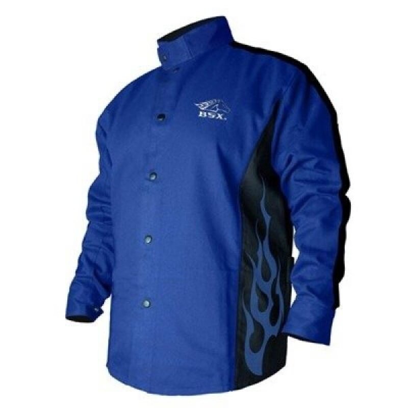 BSX Flame-Resistant Welding Jacket - Blue with Blue Flames, Size Medium