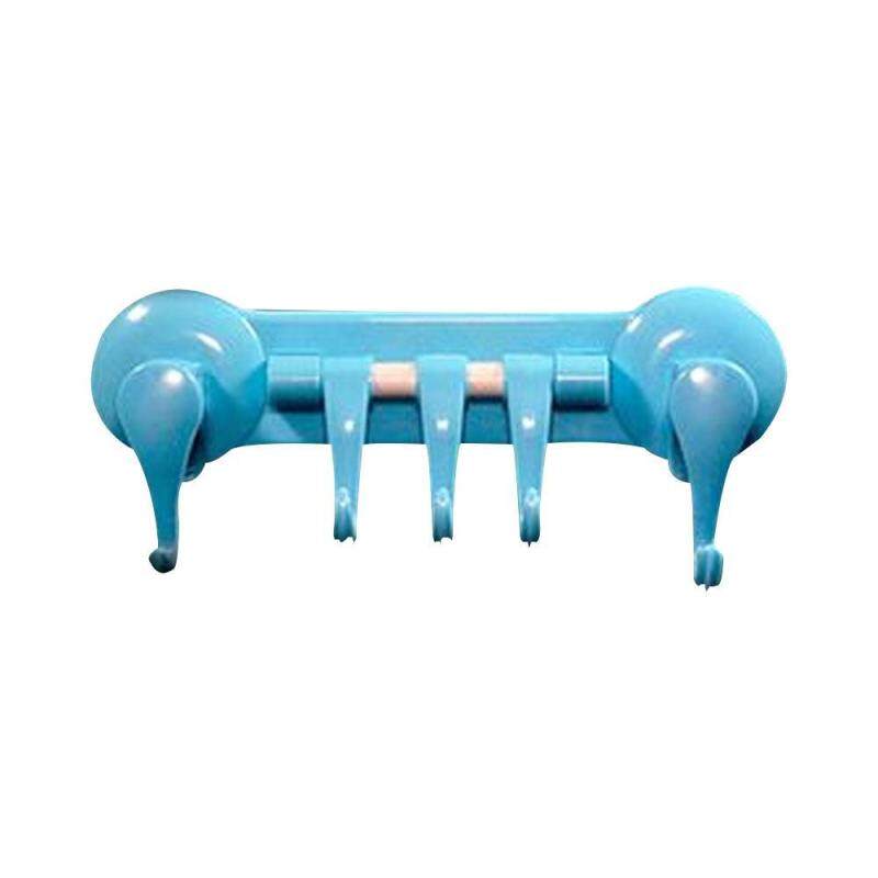 moob Strong Vacuum Suction Cup 5 Linked Hooks Plastic Removable Towel Hook Holder For Chicken Bathroom ,Blue