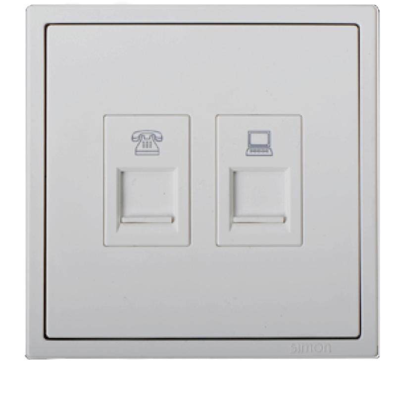 SIMON 2 Gang Telephone (RJ11) & Data Outlets (RJ45-Cat 6) - Matt White / Golden Champagne / Graphite Black