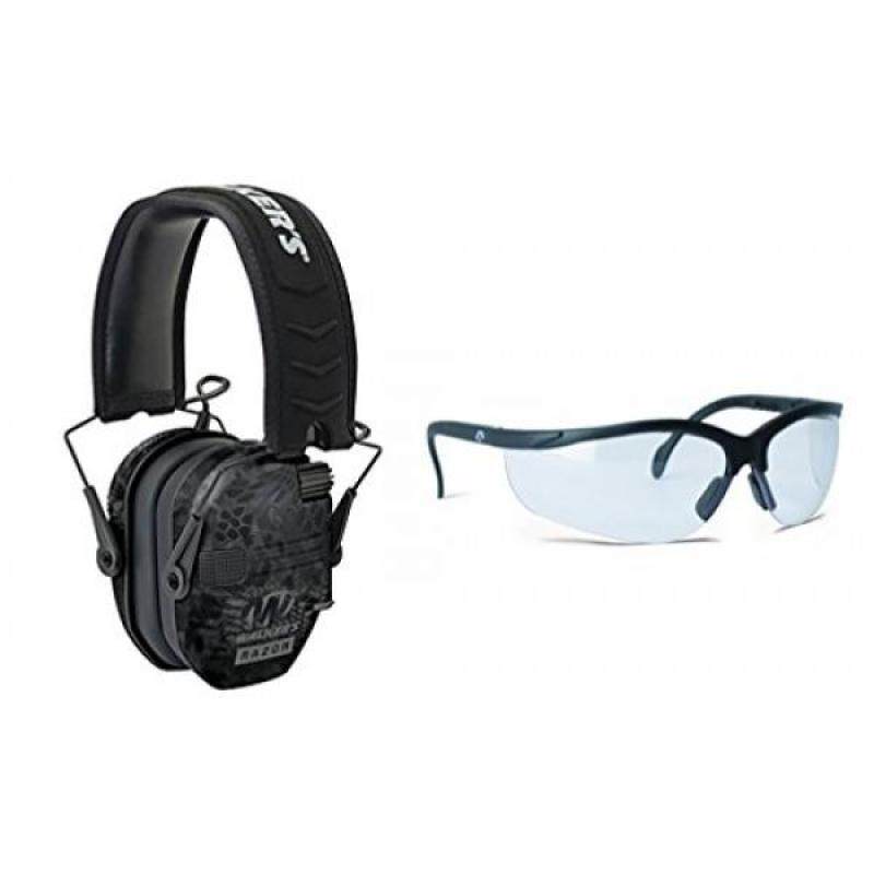 Walkers Game Ear Razor Slim Electronic Muff (Kryptek Camo) BUNDLED with Clear Lens Shooting Glasses