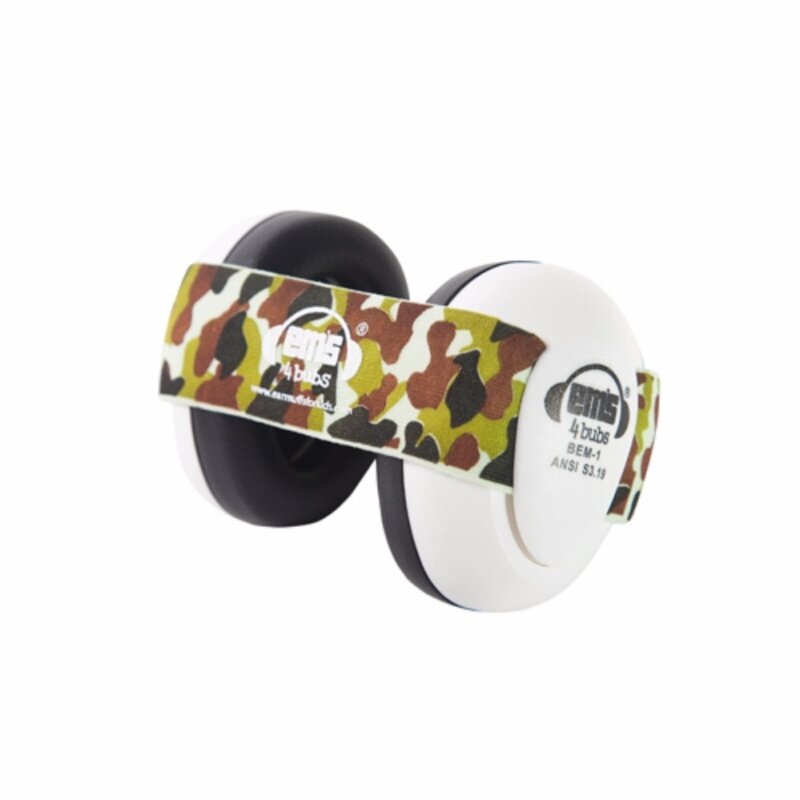 White EMS Baby Earmuffs, with Army Camo adjustable headband, tested to USA and European safety standards for ear protection