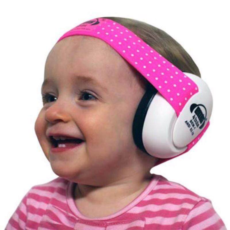 White EM'S Baby Earmuffs, with Pink/White adjustable headband, tested to USA and European safety standards for ear protection