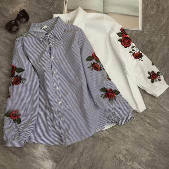 Hanyu Korean Style Women Casual Long Sleeve Blouse Floral Embroidered Shirt Striped Tops (Blue) Mei 2018 - 4 Hanyu Korean Style Women Casual Long Sleeve Blouse Floral Embroidered Shirt Striped Tops (Blue) - 4