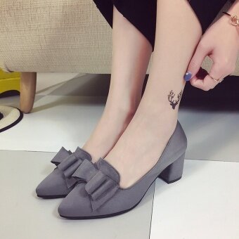 Korean-style Women's Pointed Toe Bowknot Shallow Mouth Suede Chunky Shoes - Grey (Gray) April 2018 - 2 Korean-style Women's Pointed Toe Bowknot Shallow Mouth Suede Chunky Shoes - Grey (Gray) - 2