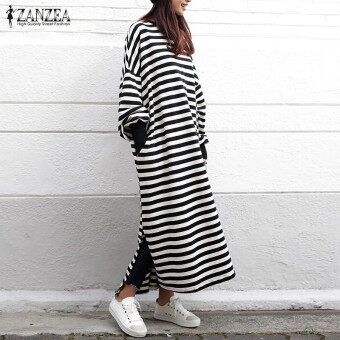 ZANZEA Women Striped Dress Long Batwing Sleeve O-Neck Casual Loose Split Maxi Long Dress Vestidos (Stripe) Julai 2018 - 3 ZANZEA Women Striped Dress Long Batwing Sleeve O-Neck Casual Loose Split Maxi Long Dress Vestidos (Stripe) - 3