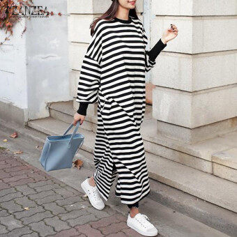 ZANZEA Women Striped Dress Long Batwing Sleeve O-Neck Casual Loose Split Maxi Long Dress Vestidos (Stripe) Julai 2018 - 4 ZANZEA Women Striped Dress Long Batwing Sleeve O-Neck Casual Loose Split Maxi Long Dress Vestidos (Stripe) - 4