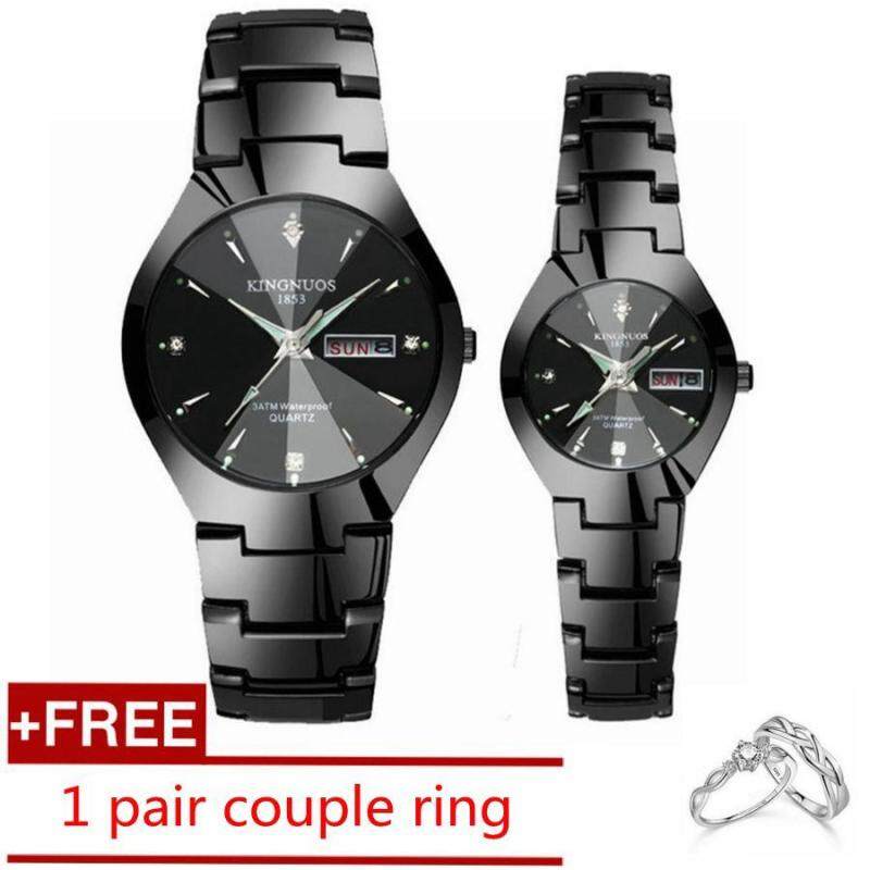 1 Pair Couple Watches Luxury Top Date Quartz Watches Stainless Steel Watch for Men Women Lover Luminous Wrist Watch + Free Couple Ring Malaysia