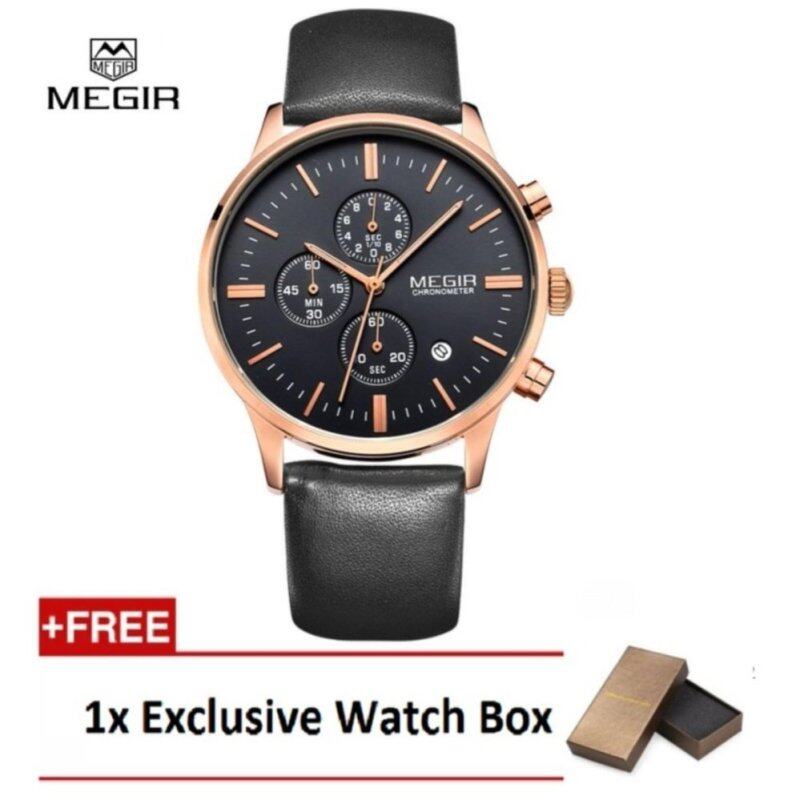 (100% Authentic) MEGIR Chronometer Black Genuine Leather Strap Gold Business Watch Quartz Luxury Sport Watch (Black&Gold) Malaysia