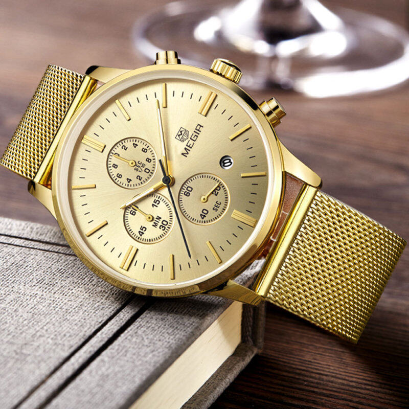 100% Original MEGIR 2011STEEL Stainless Steel Case and Strap Men Male Fashion Business Sport Casual Army Military Wrist Quartz Watch (Chronograph/Stopwatch Function) - Gold Malaysia