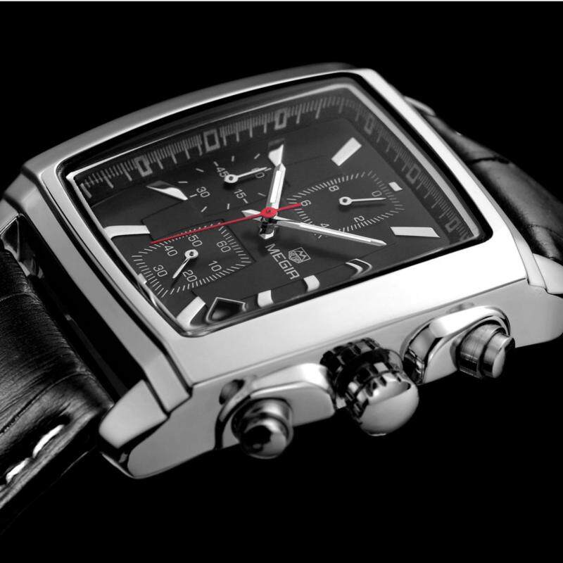 100% Original MEGIR 2028 Stainless Steel Case Leather Strap Men Male Fashion Business Sport Casual Army Military Wrist Quartz Watch (Chronograph/Stopwatch Function) - Black Malaysia