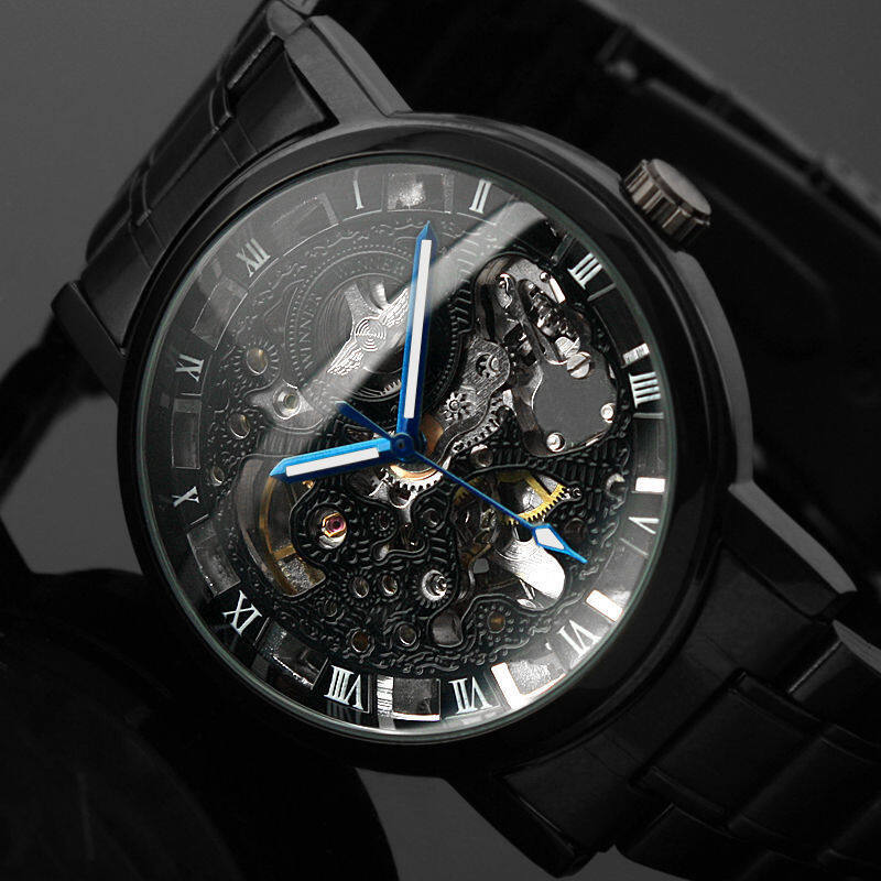 2016 New Black Mens Skeleton WristWatch Stainless Steel Antique Steampunk Casual Automatic Skeleton Mechanical Watches Male Malaysia