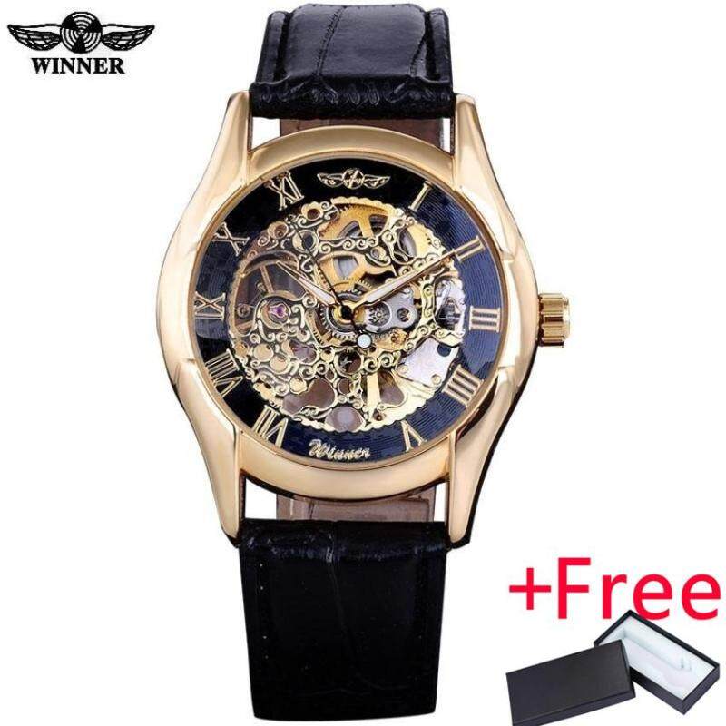 2016 WINNER BRAND MEN MALE RUSSIAN GOLDEN BLACK SKELETON HAND WIND MECHANICAL MILITARY FASHION CASUAL WATCHES LEATHER BAND Malaysia