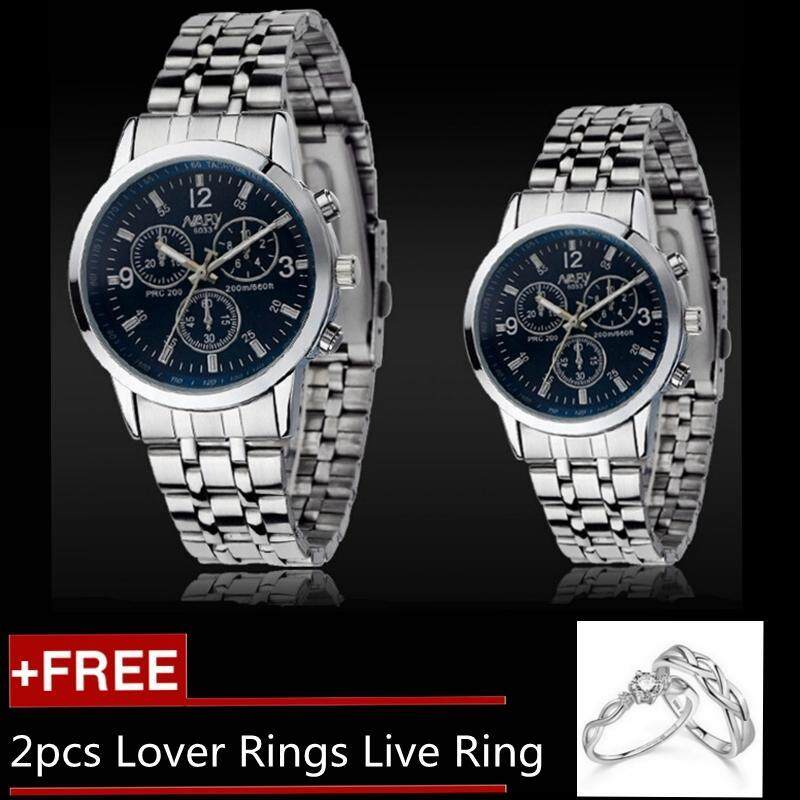 2pcs Couples Watches Steel Strip Quartz Lover Watch Gift + 2pcs Free Lover Rings Live Ring - Blue Malaysia