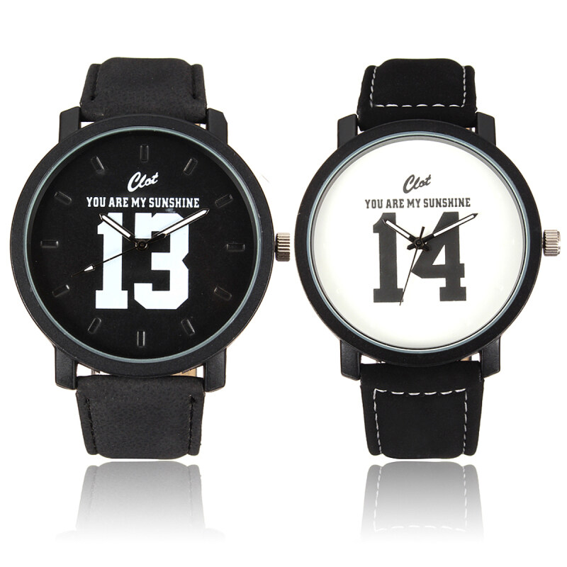 2PCS Of One Set 2016 New Fashion Lovers Unisex Round Dial Watch PU Leather Strap Quartz Watches Analog Wristwatch Relojes Gift For Women Men Black And White Malaysia