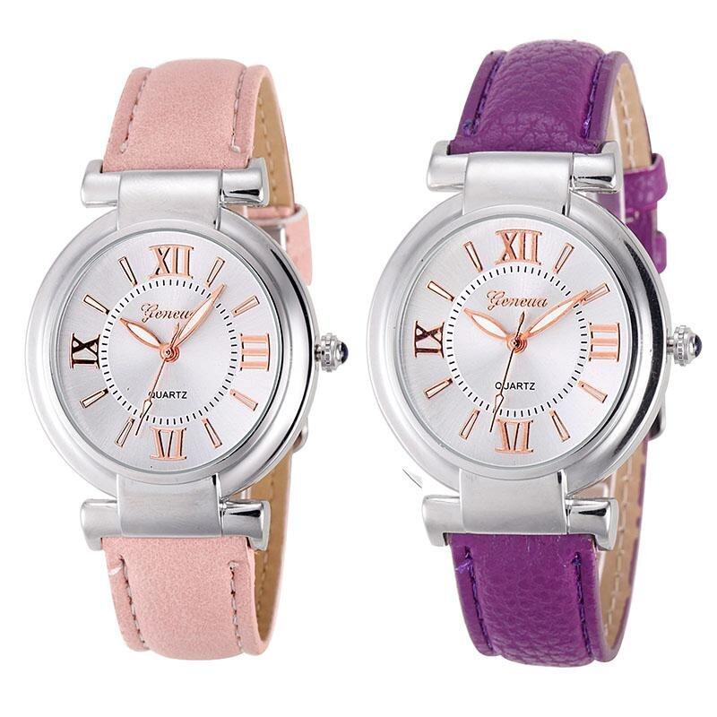 2Pcs/set Geneva Womens Fashion Waterproof Quartz Watch Ladies Casual Leather Band Watch - Pink and Purple Malaysia