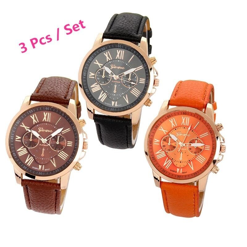 3Pcs / set Geneva Womens Fashion Roman Numerals Faux Leather Analog Quartz Wrist Watch ( Black,Brown,Orange ) Malaysia