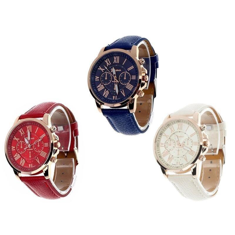 3Pcs/set Geneva Womens Fashion Roman Numerals Faux Leather Analog Quartz Wrist Watch Red and White and Blue Malaysia