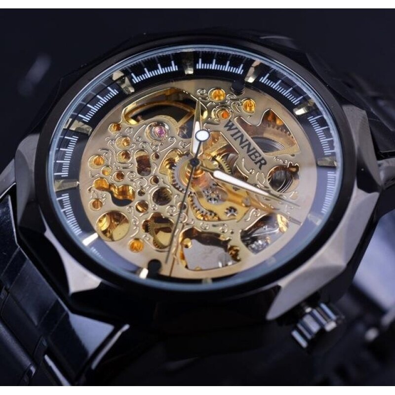 Brand WINNER Watch Luxury Fashion Vintage Steel Stainless Clock Black Roman Dial Mechanical Skeleton Wristwatch For Men Malaysia