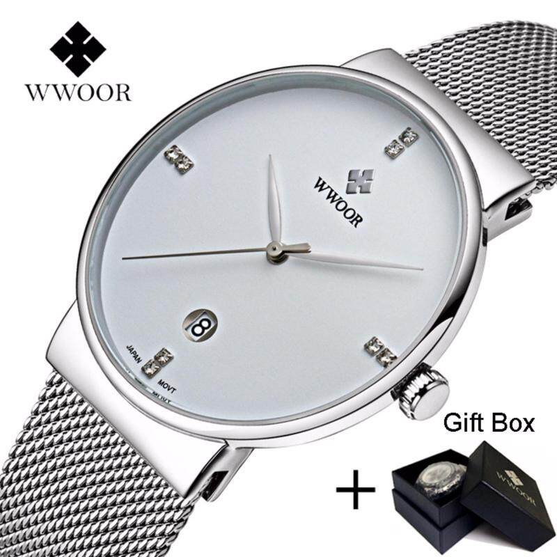 Coowalk Fashion Luxury Men Watches Stainless Steel Mesh Strap Quartz Watch Ultra Thin Dial Clock Birthday Gift Valentine Lover Gift Men Casual Quartz Watch (White) Malaysia