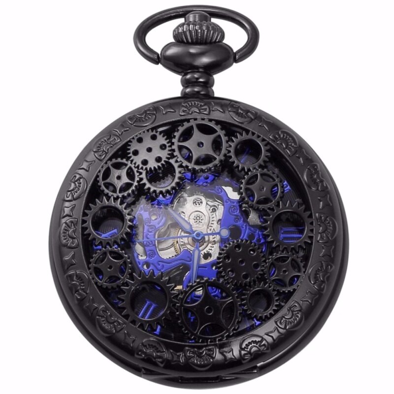 Fashion Blue Analog Hollow Case Men Mechanical Movement Pocket Watch With Long Chain Steampunk Hand Winding Clock Gift WPK219 Malaysia