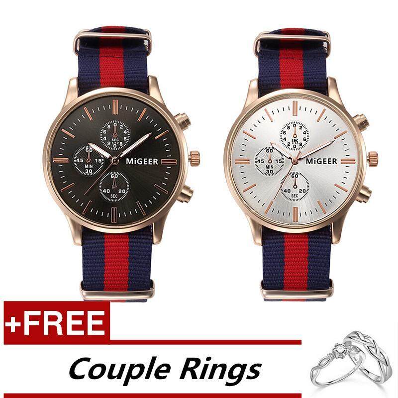 Fashion Couple Lover Men and Womens Watches Nylon Braid Striped Quartz Watches Black and White + Free Adjustable Lovers Rings (Buy 1 Get 1 Free) Malaysia