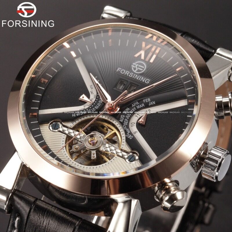FORSINING Stainless Steel Case Leather Strap Men Male Fashion Business Sport Casual Army Military Skeleton Automatic Mechanical Wrist Watch - Gold Case + Black Dial Malaysia