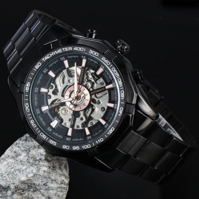 Forsining Stainless Steel Case Stainless Steel Strap Men Male Fashion Business Sport Casual Skeleton Automatic Mechanical Wrist Watch - Black Malaysia