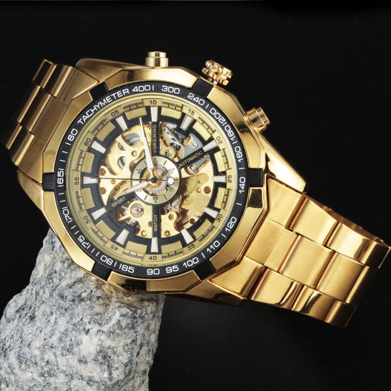 Forsining Stainless Steel Case Stainless Steel Strap Men Male Fashion Business Sport Casual Skeleton Automatic Mechanical Wrist Watch - GOLD + Black Malaysia