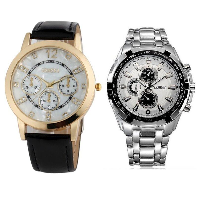 Geneva Analogue Leather Watch Black Gold + Curren 8023 Mens Silver White Stainless Steel watch Malaysia
