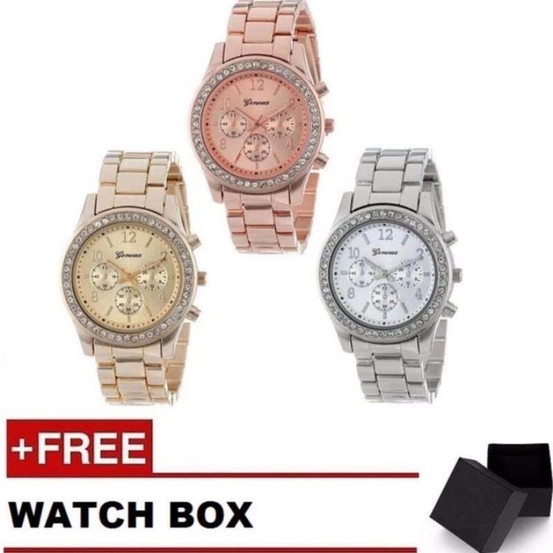 Geneva Steel Belt Elegant Diamond Quartz Watch Womens Watch 3 Pcs Set (Silver, Gold and Rose Gold) Malaysia