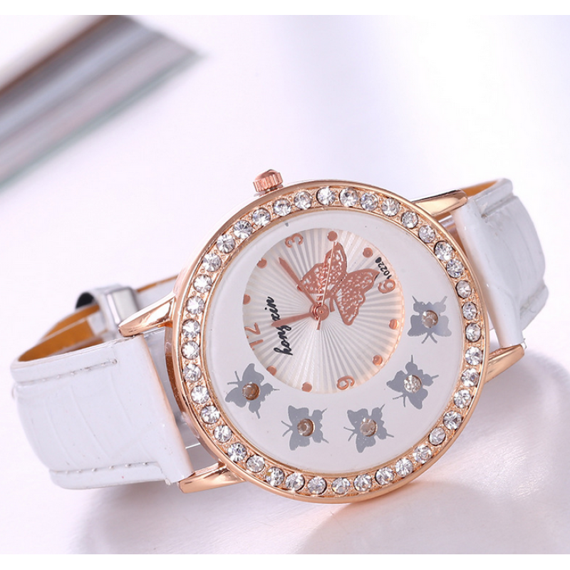 Korean Style Fancy High Class Women Ladies Crystal Butterfly Gold Stainless Steel Mesh Band Wrist Watch - White Malaysia