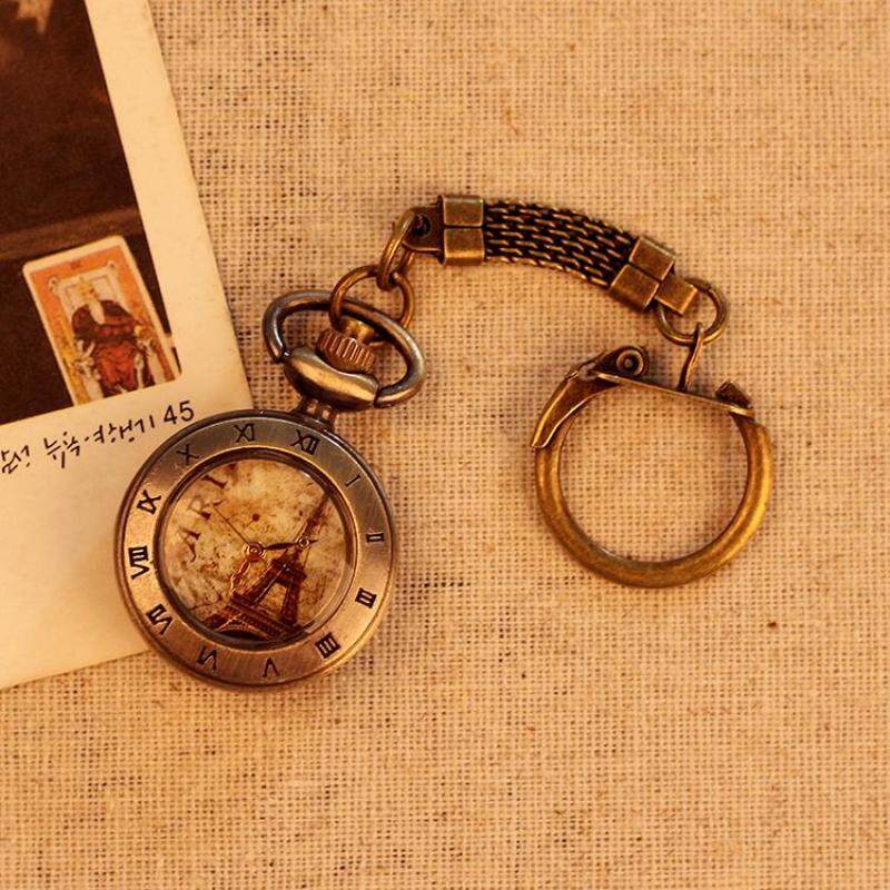 moob Eiffel Tower Roman Number Pocket Watch Quartz Antique Unisex Alloy Pendant Retro Chain Best Gift (Bronze) Malaysia