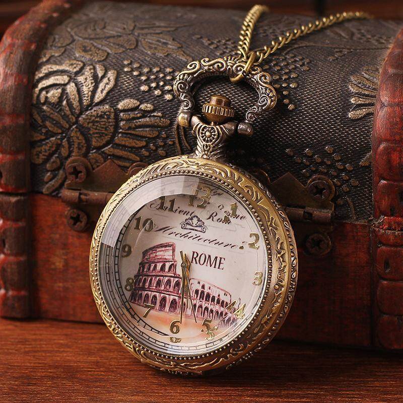 moob Necklace pendant long chain with carved flower for women men unisex vintage Rome antique pocket fob watches free shipping (Bronze) Malaysia