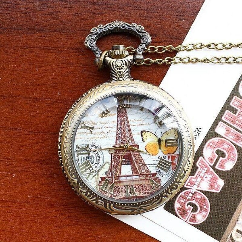 moob Unique roman number pocket watch antique case vintage fashion butterfly the eiffel tower high quality (Bronze) Malaysia