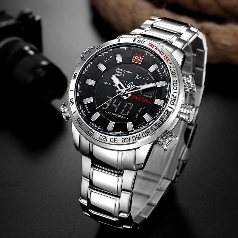 NAVIFORCE Luxury Dual Display Digital Quartz Men Watch Stainless Steel Luminous Sports Watch Chronograph Water-Proof Man Clock + Gift Box Malaysia