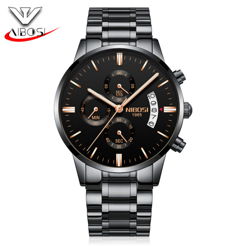NIBOSI butterfly snap Solid Stainless Steel Mens watch fashion watch waterproof coated glass luminous three eye 6 needle quartz watch Malaysia