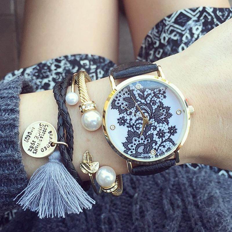 PerfectWorld Lace Print Light Womens Ladies metal Leather Strap Band Watches Black Gift Malaysia