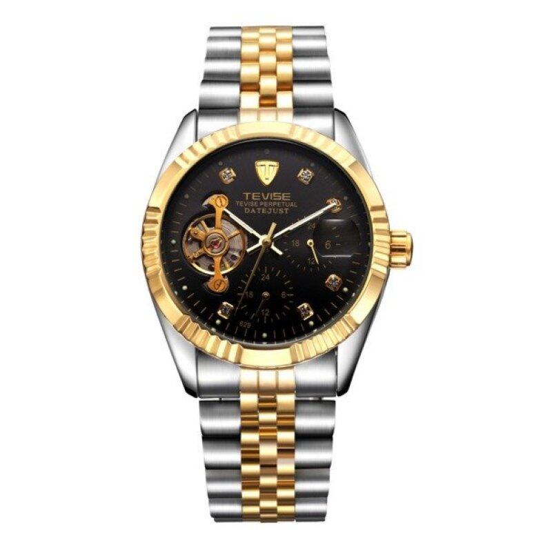 REGU TEVISE Men Luxury Diamond Tourbillon Back Transparent Solid Stainless Steel Automatic Mechanical Watch (Gold & Black) Malaysia