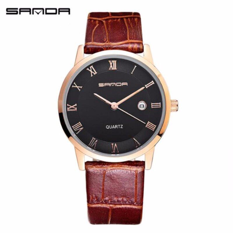 SANDA P188G Genuine Leather Brown Band Date Display Quartz Watch for Men (Black Gold) Malaysia