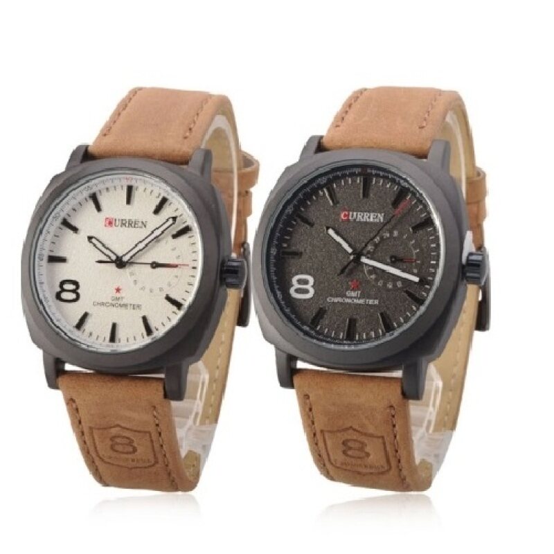 Set of 2 Curren 8139 Mens Brown Leather Strap Watch (Black + White) Malaysia