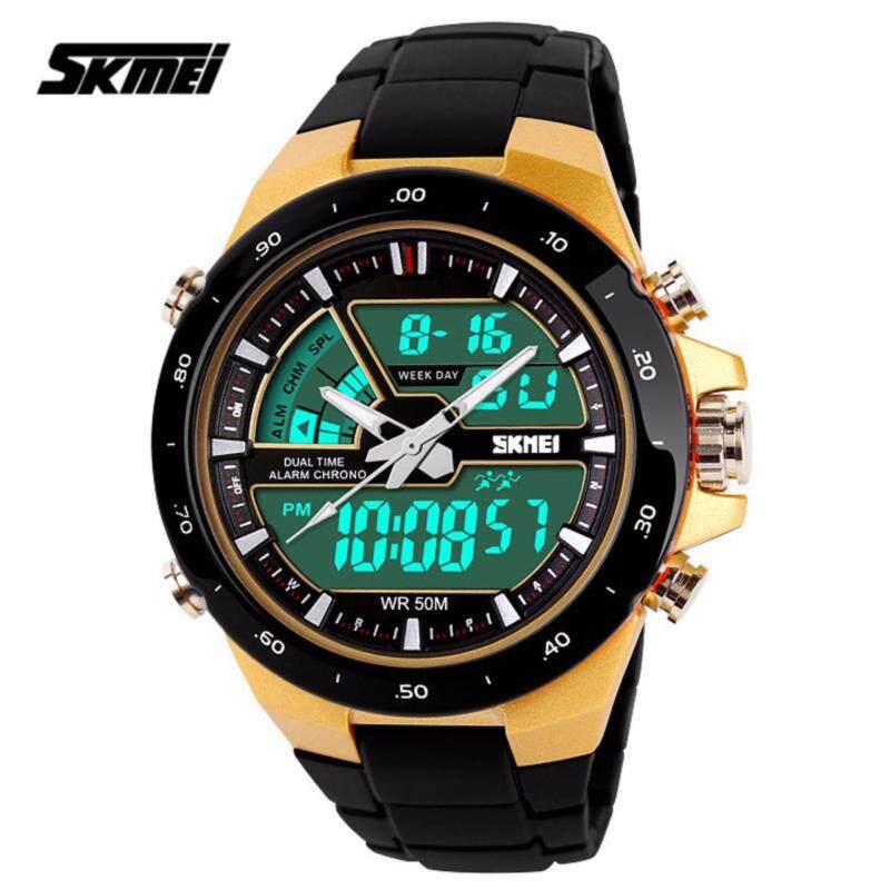 SKMEI 1016 Mens Dual Time Display LED Black Rubber Strap Watch (Gold) Malaysia